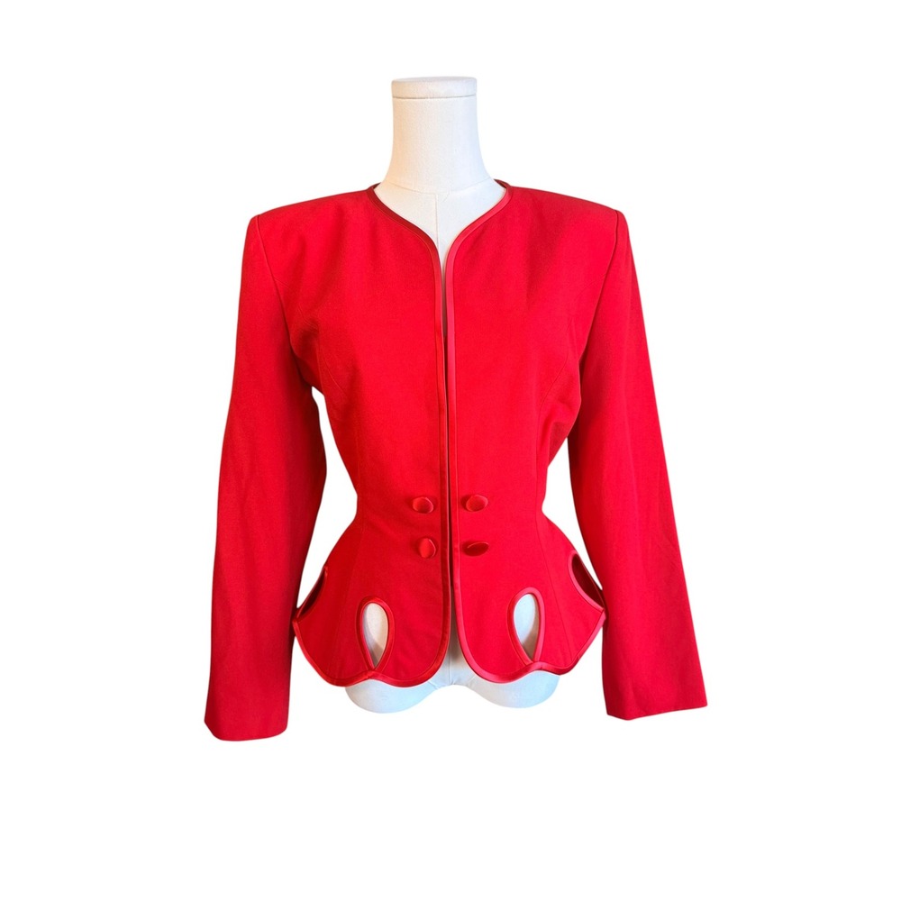 Rimini Vintage Red Peplum Blazer Cut Out Scalloped Hem Jacket Size 10